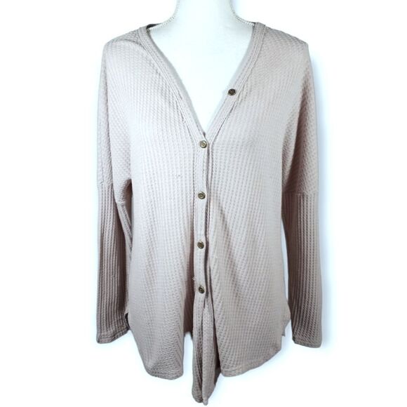 MIHOLL WAFFLE KNIT LAVENDER/BEIGE LONG SLEEVE BUTTON DOWN BLOUSE SZ.M EUC - Picture 2 of 7
